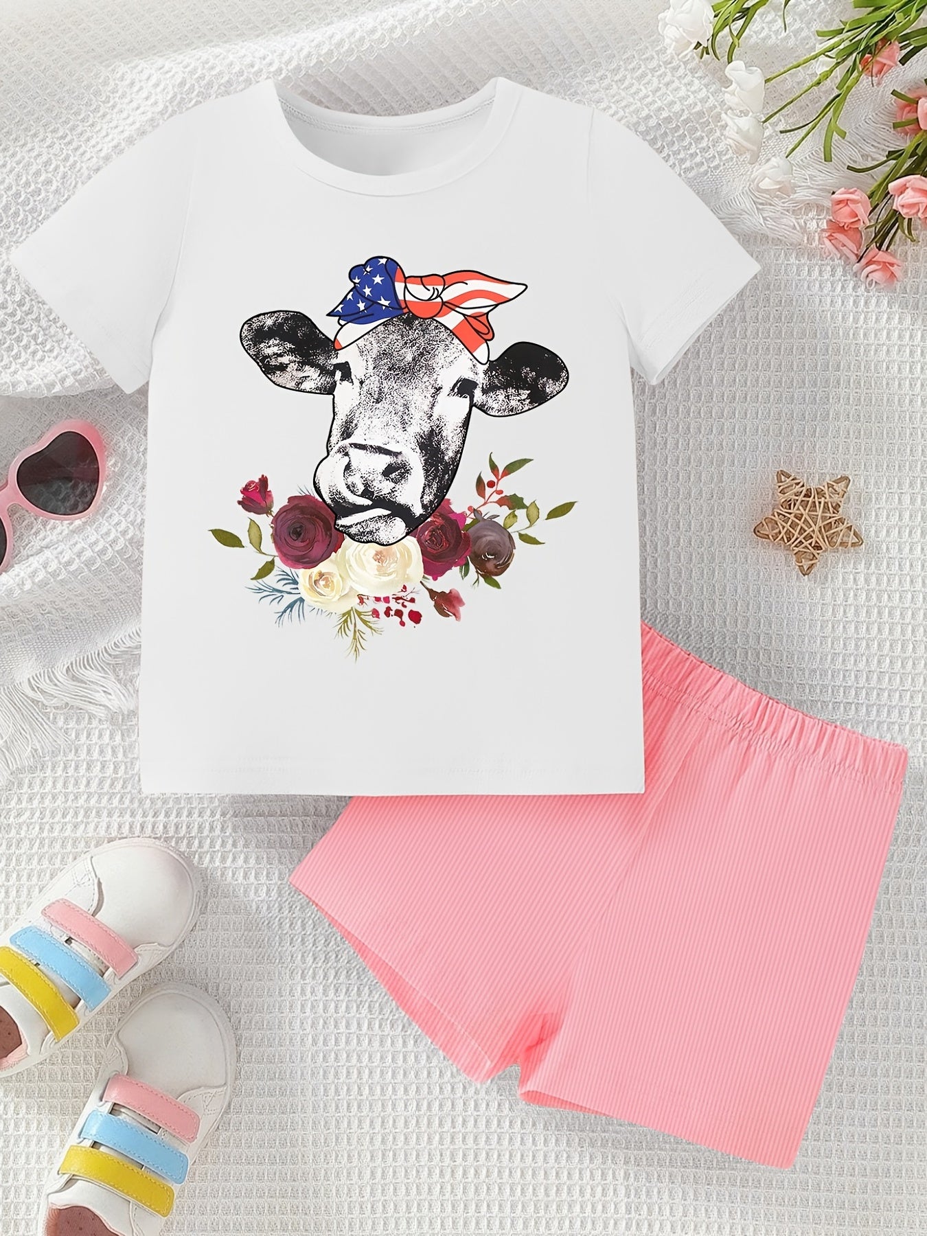 Bull Pattern Girl's 2pcs T Shirt & Shorts Set for Summer
