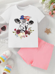 Bull Pattern Girl's 2pcs T Shirt & Shorts Set for Summer