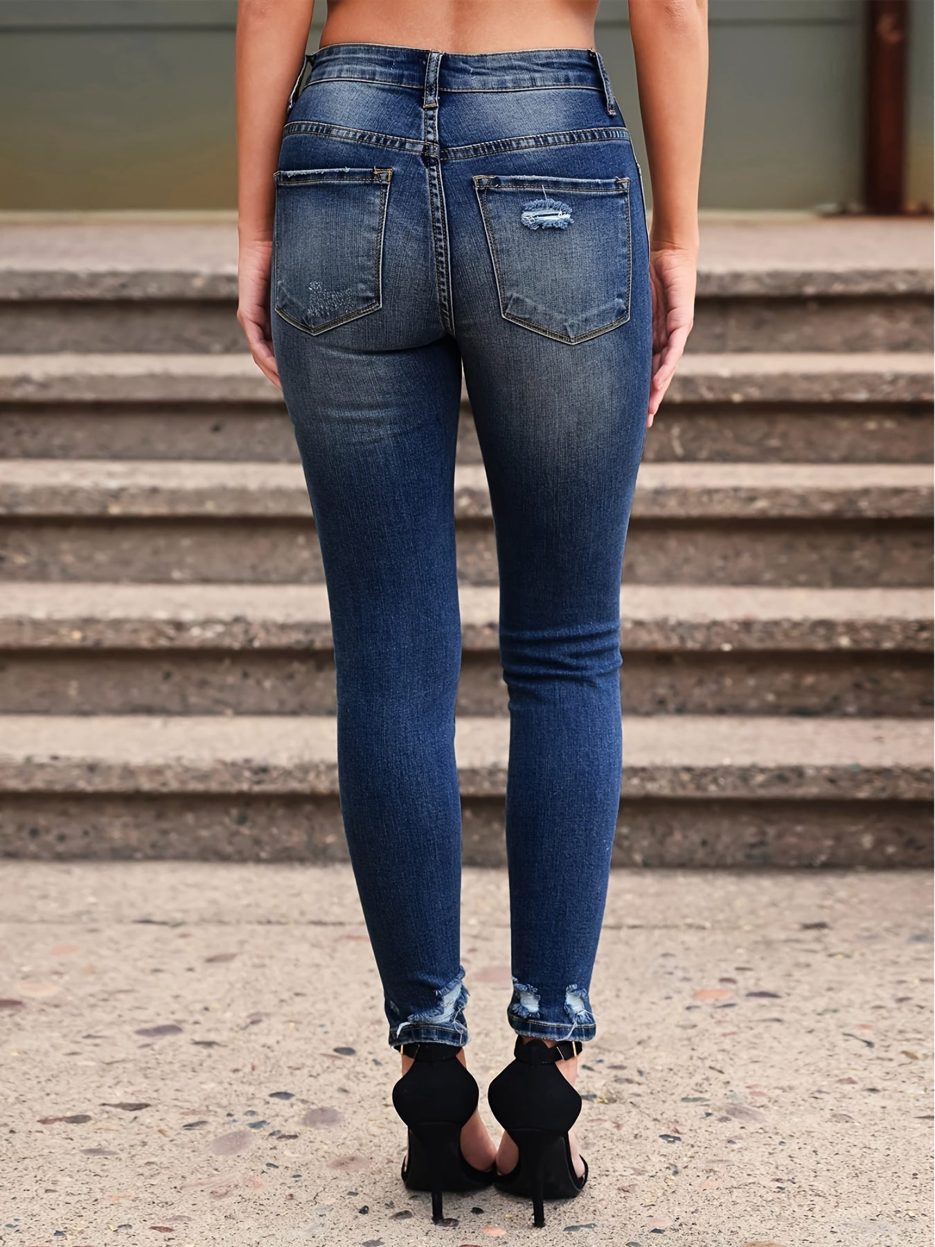 Distressed Skinny Fit Jeans Ripped High Waist Stretchy Denim Pants