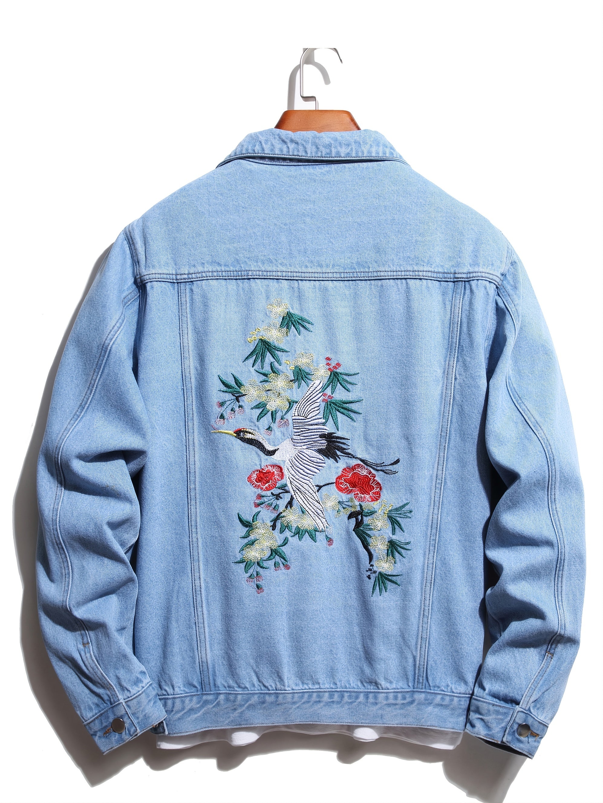 Men's Crane Embroidered Denim Jacket Hip Hop Style