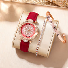 Red Quartz Watch & 2 Rose Bracelets Set for Kids