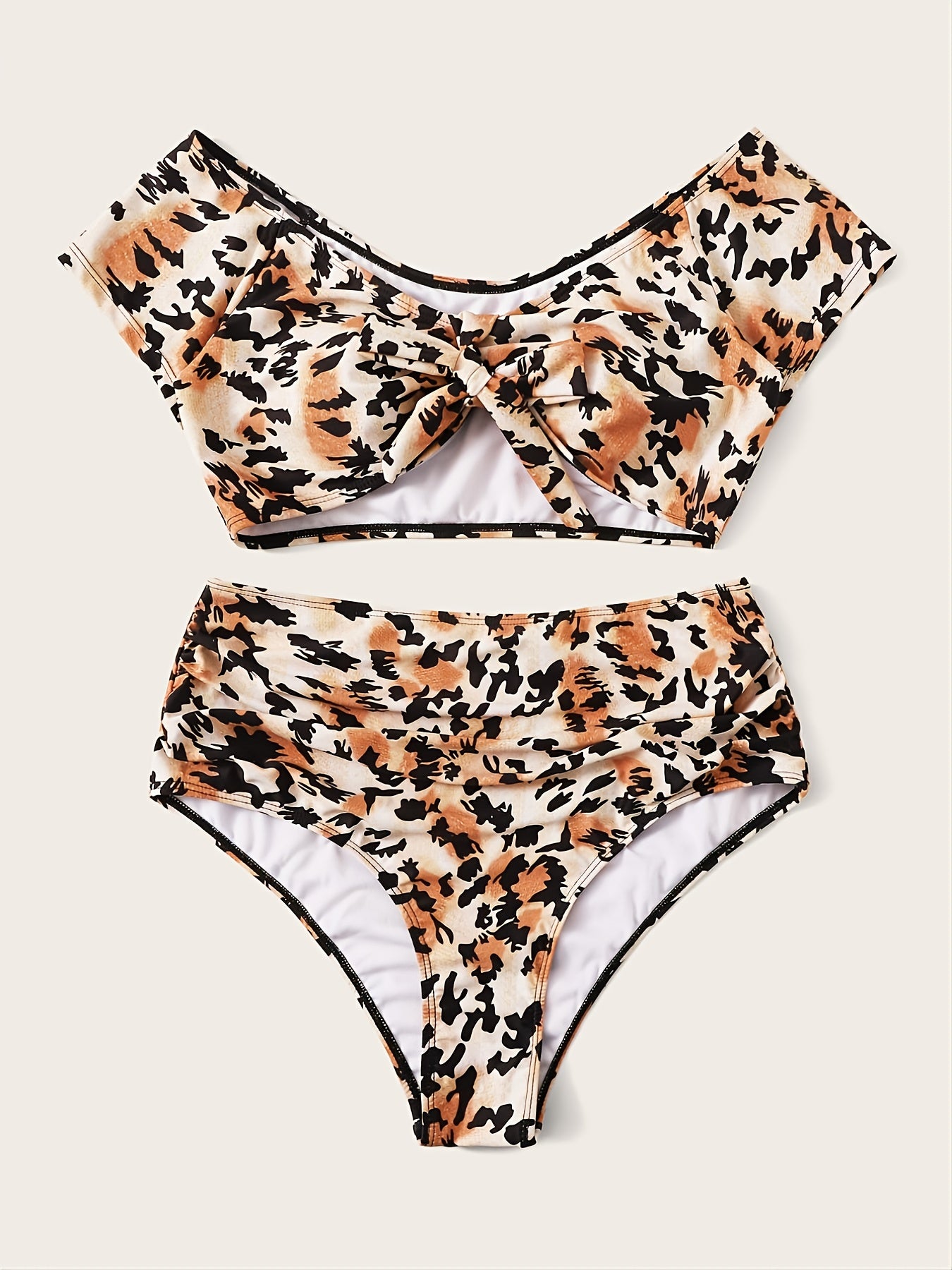 Leopard Print Bow Front Bikini Set Plus Size High Stretch Boho Swimsuit