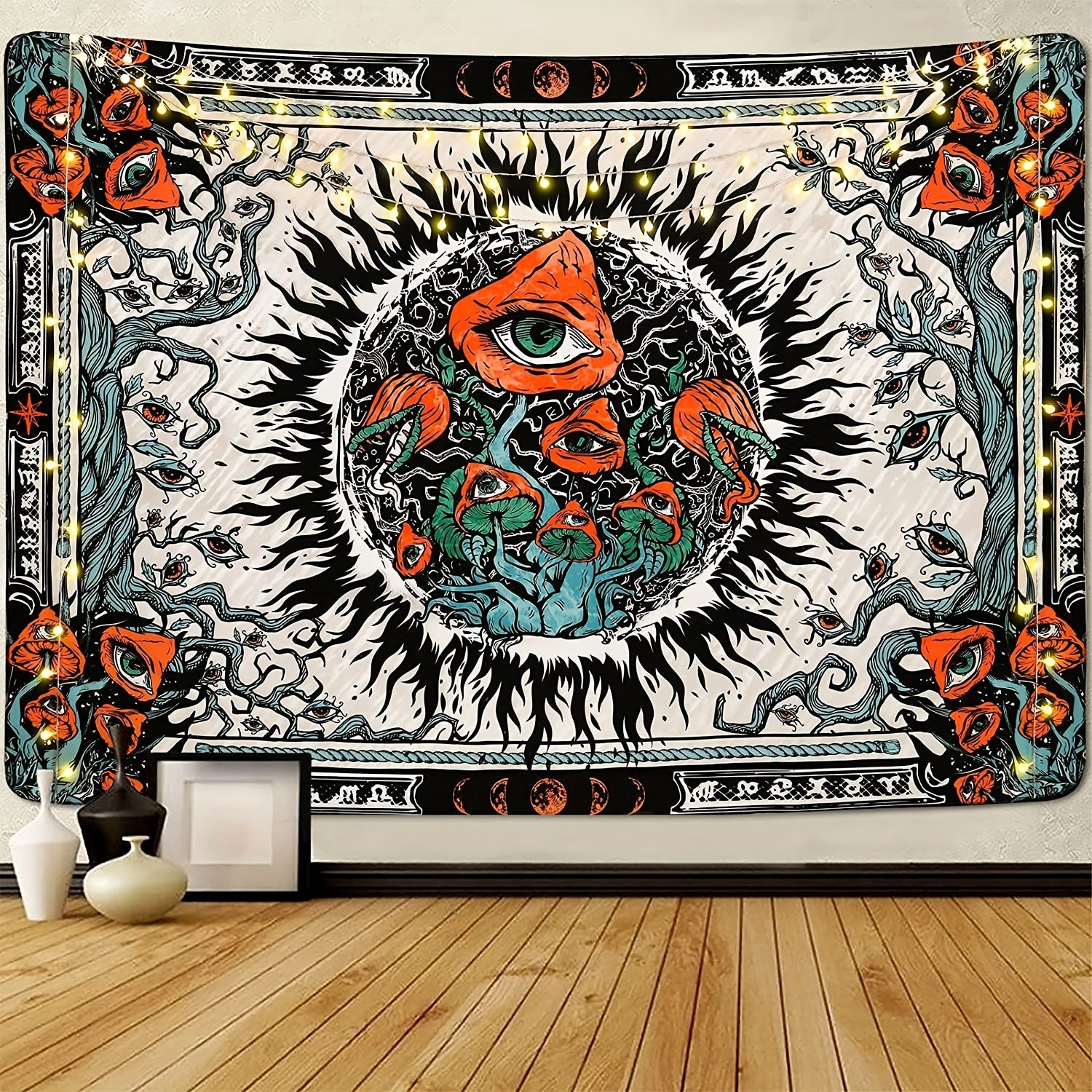 Mushroom Burning Sun Moon Phase Tapestry Wall Hanging Room Decor