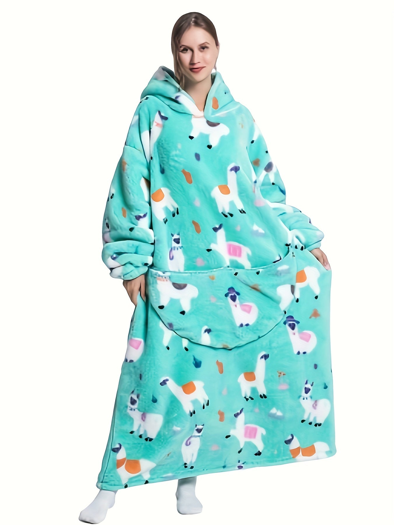 Alpaca Pattern Sherpa Fleece Hooded Nightgown