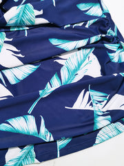 Leaf Print Tankini Set V Neck Ruched Cami Top & Panty Swimsuit 2 Piece