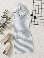 Girls Striped Bodycon Casual Hooded Tank Dress