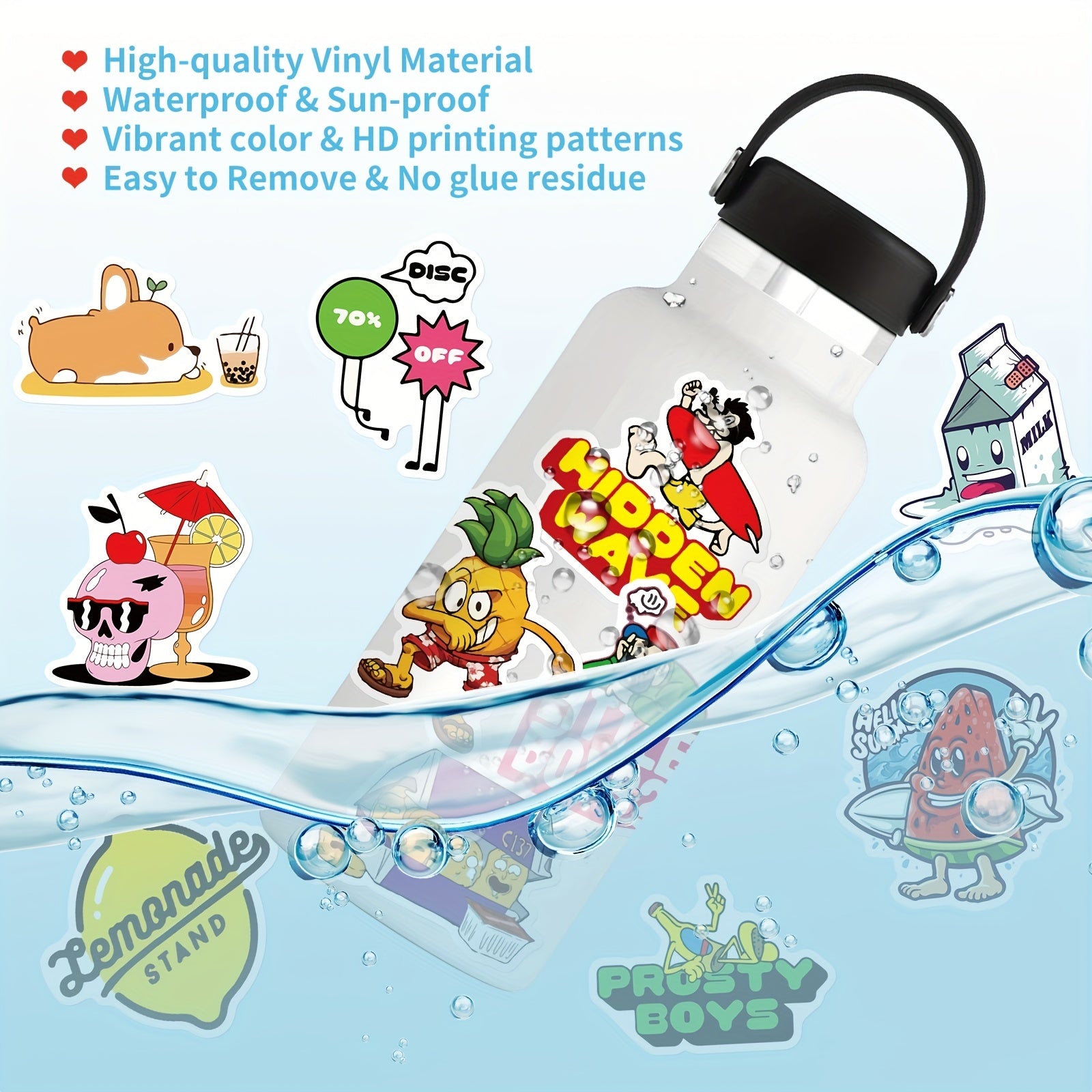 100pcs Cartoon Fun Stickers Waterproof for Water Bottle Laptop Skateboard