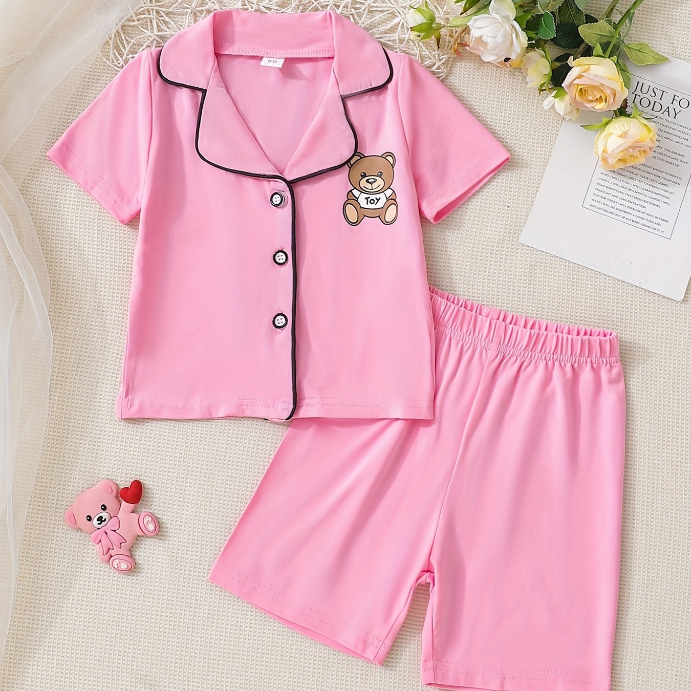 Boys' Pink Bear Print Pajama Set Short Sleeve Tops & Shorts