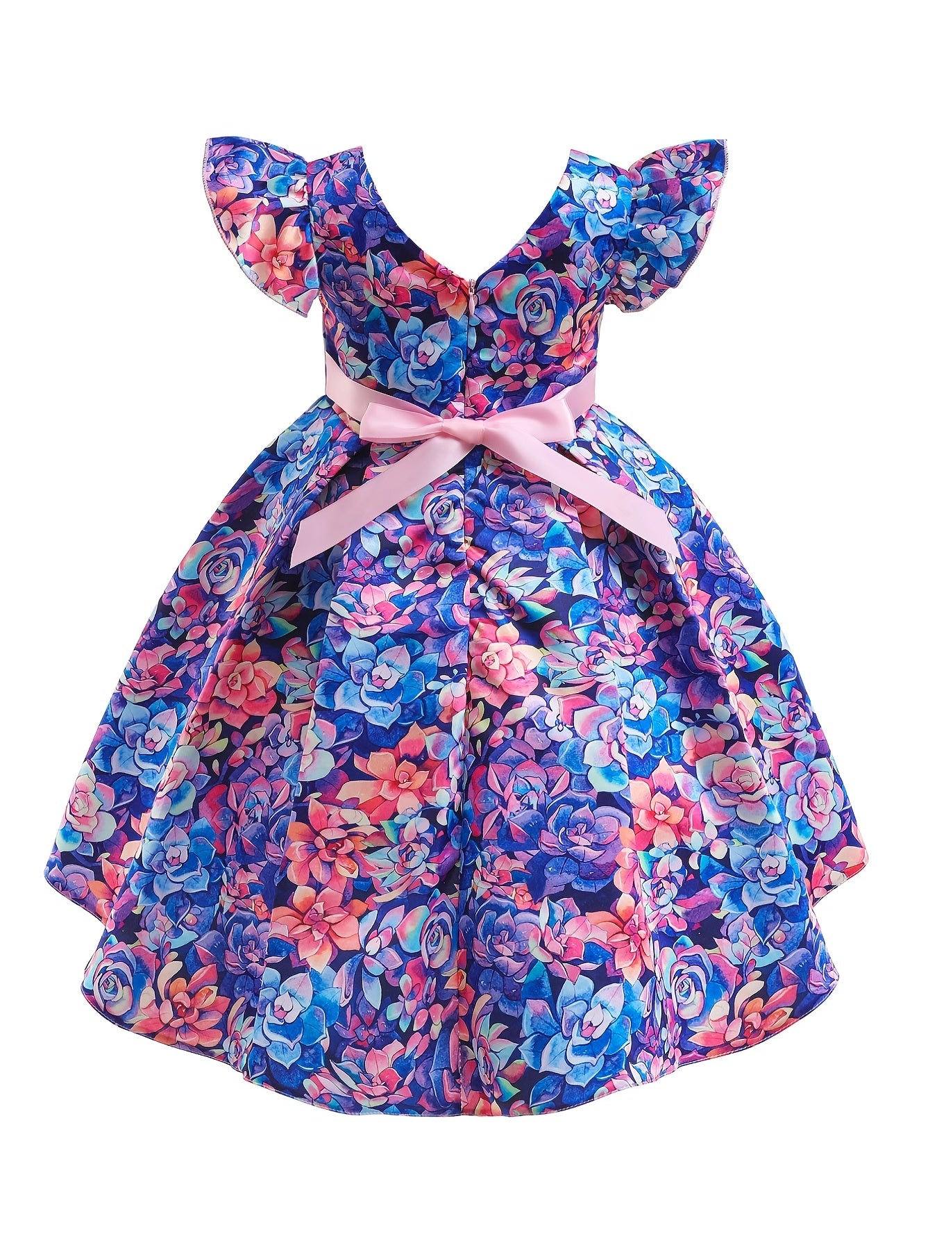 Girls Ruffled Sleeves Princess Dress Flowers Print Bow Decor