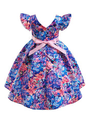 Girls Ruffled Sleeves Princess Dress Flowers Print Bow Decor