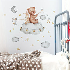 Bear and Bunny Nursery Decor Vinyl Wall Stickers with Stars and Clouds