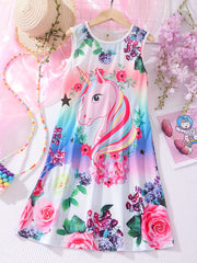 Girls' Unicorn Cartoon Print Sleeveless Tank Dress