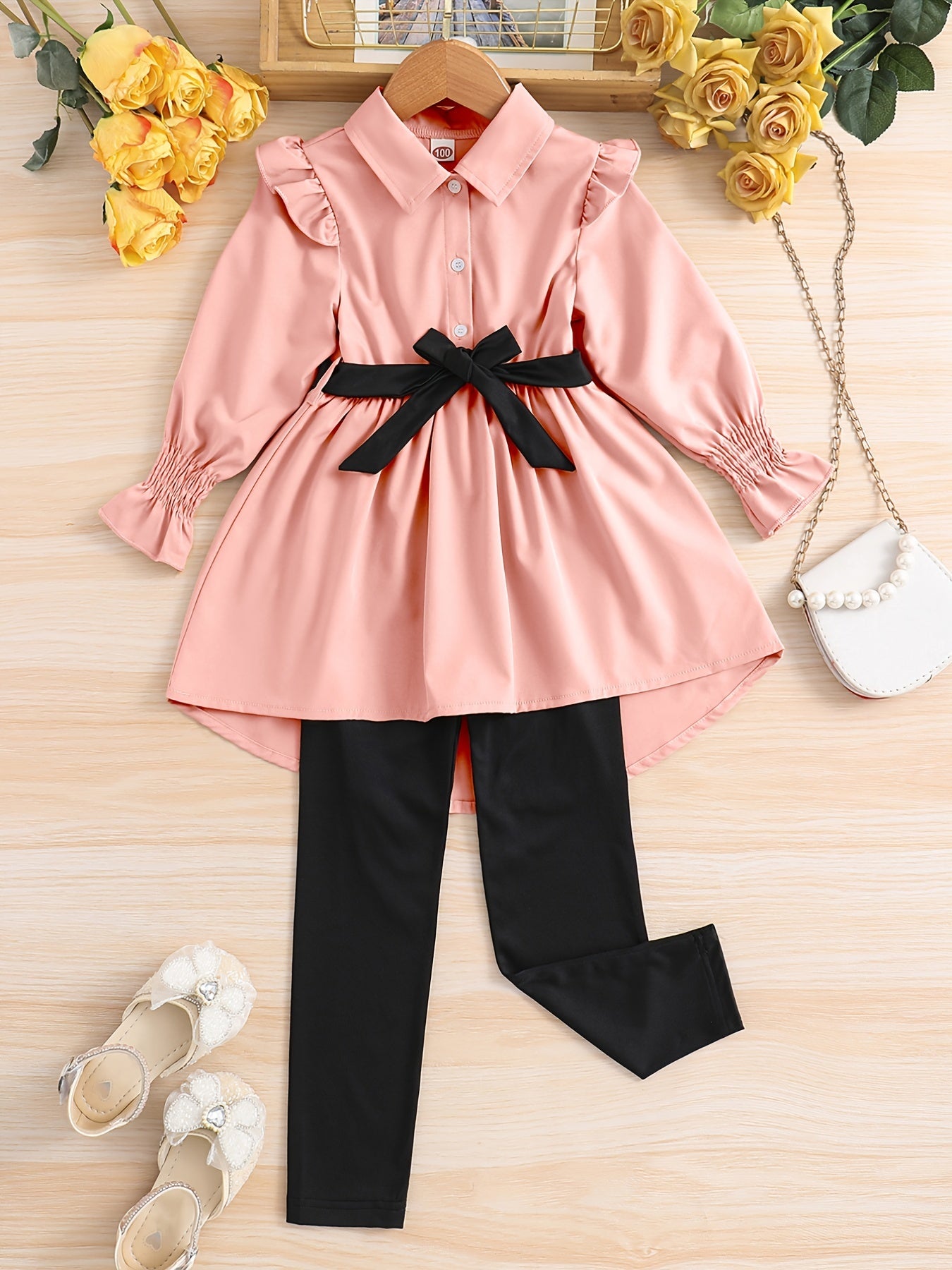 Girl's Lapel Top & Trousers Set With Belt