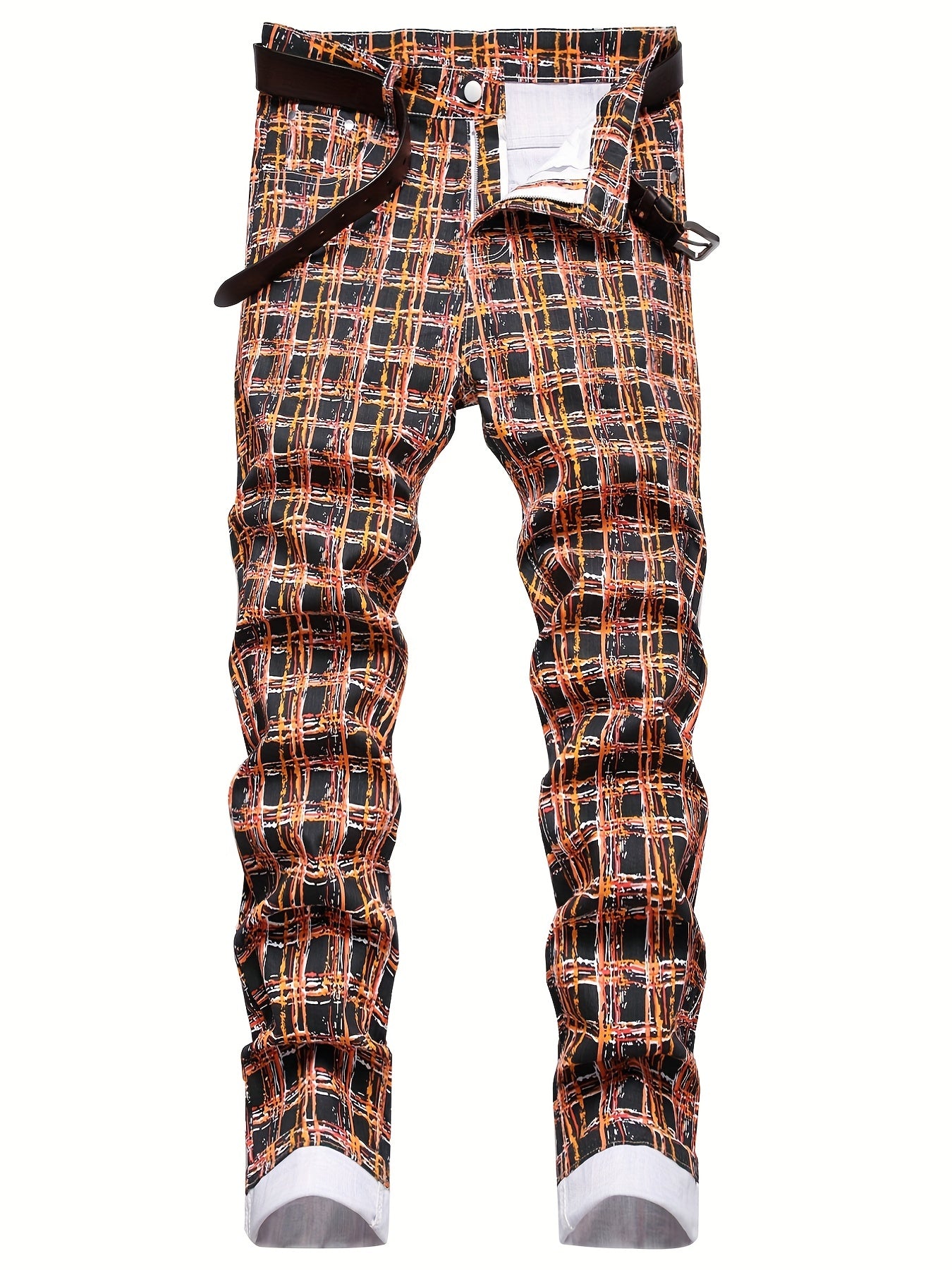 Colorful Plaid Cotton Jeans Men's Casual Creative Allover Print Mid Stretch