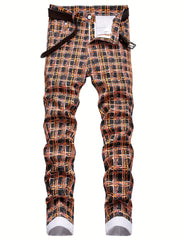 Colorful Plaid Cotton Jeans Men's Casual Creative Allover Print Mid Stretch