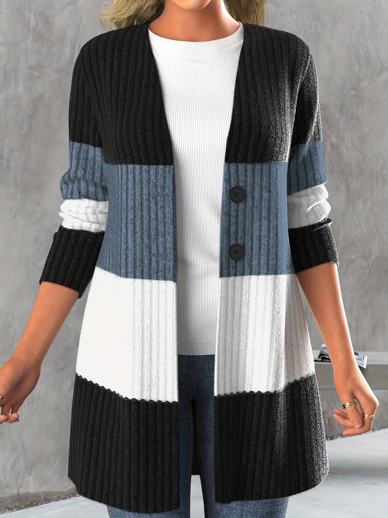 Colorblock Button Front Knitted Cardigan Long Sleeve Casual Fall Winter