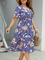 Women's Plus Floral Print Ruffle Sleeve V Neck Button Decor Split Dress