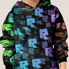 Colorful R Allover Print Hoodie For Kids Casual Pullover Hooded Long Sleeve Top
