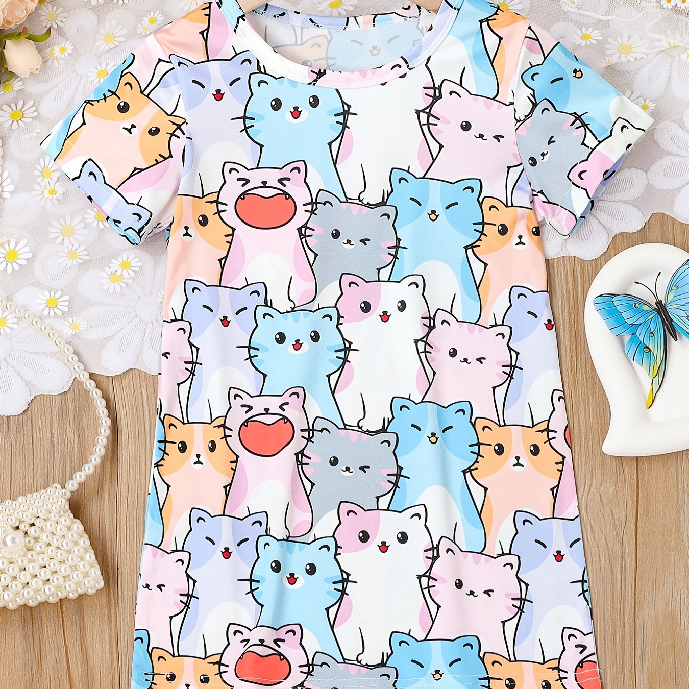 Cats Allover Print Girls Short Sleeve T Shirt Dress