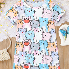 Cats Allover Print Girls Short Sleeve T Shirt Dress