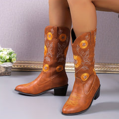 Sunflower Embroidered Western Boots V cut Slip On Retro Cowgirl Mid Calf
