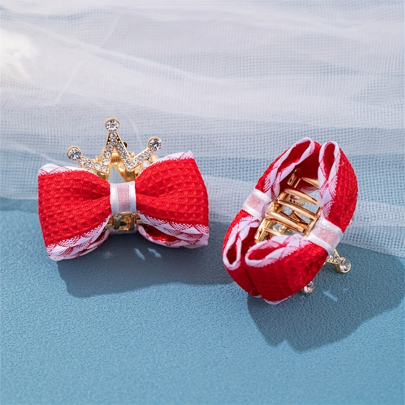 Girls Double Bow Rhinestone Crown Hair Clips