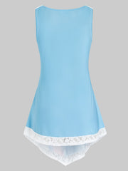Daisy Print Lace Trim Round Neck Tank Top