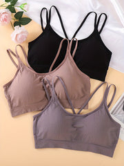 5pcs Solid Ribbed Wireless Bras Double Straps Women's Lingerie
