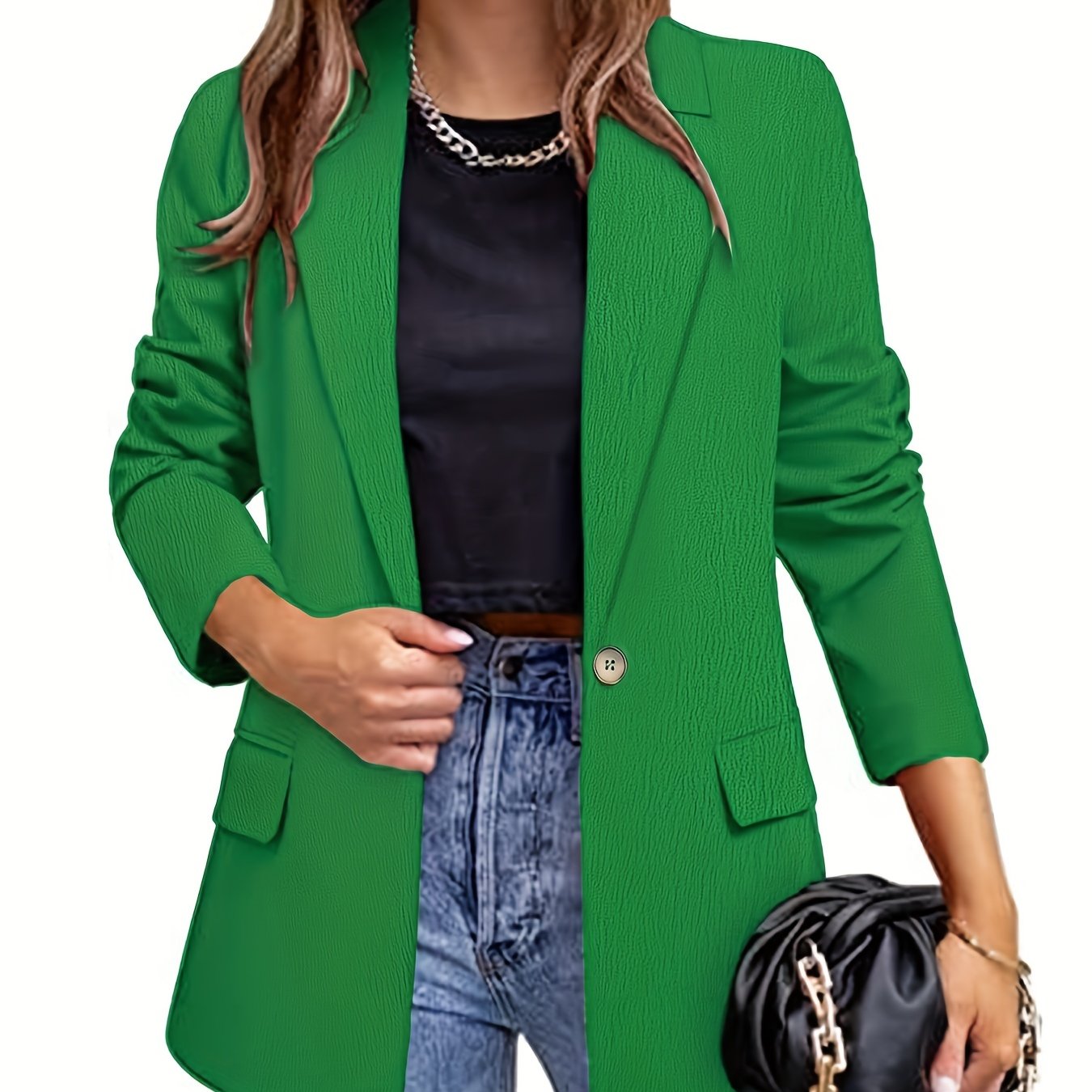 Solid Button Front Lapel Blazer Casual Long Sleeve Blazer