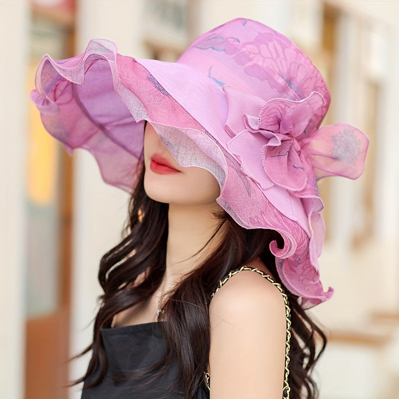 Flower Print Sun Hat UV Protection Bucket Hats Mesh Breathable Travel Beach