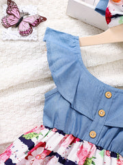 Girls Sleeveless Ruffles Crew Neck Button Floral Princess Dress