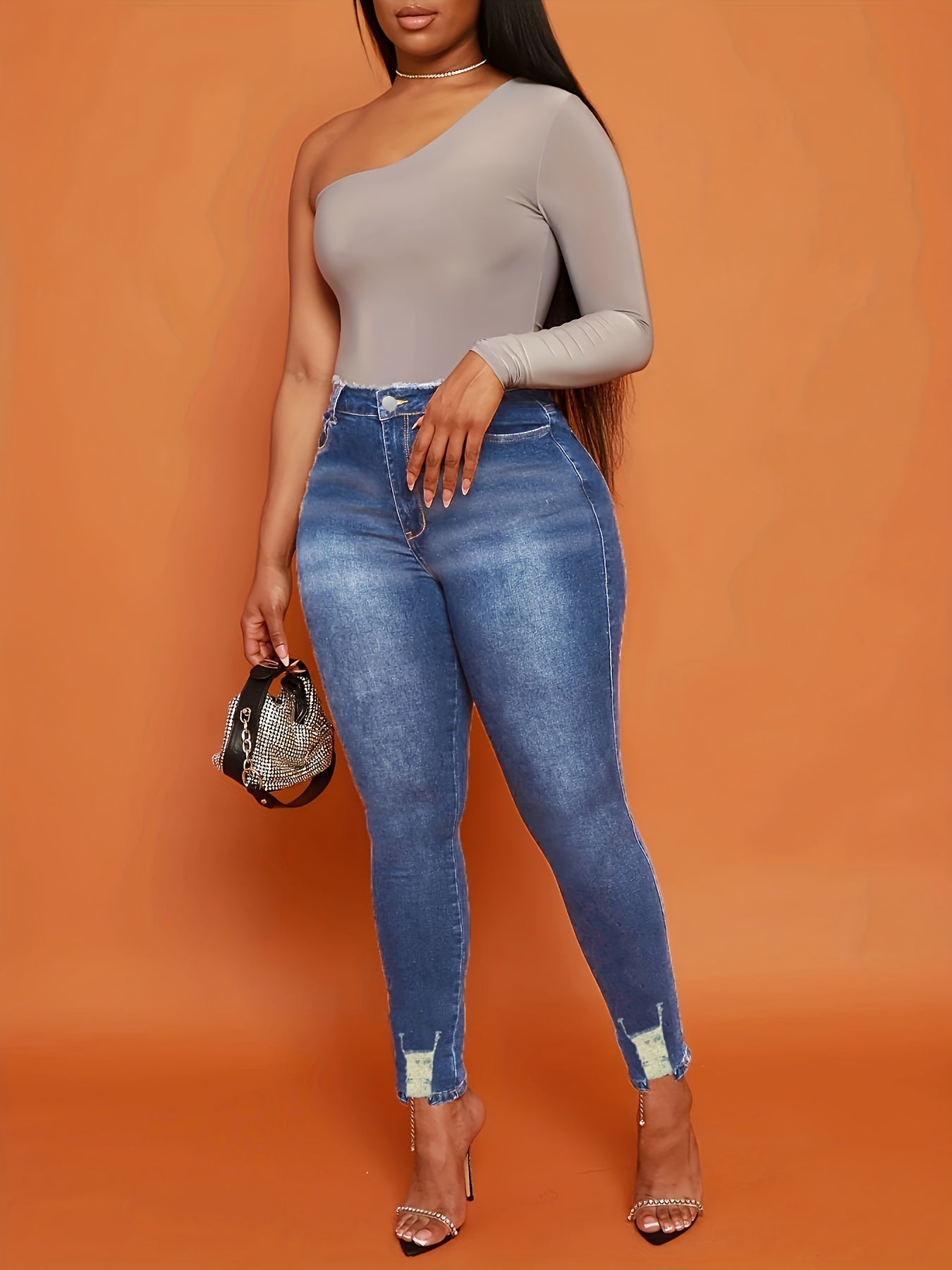 Ripped Holes Skinny Jeans Slim Fit Slash Pockets High Stretch Casual Denim Pants