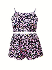 Casual Pajama Set Women's Plus Leopard Print Cami Top & Shorts
