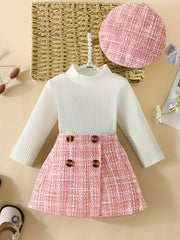 3pcs Toddler Girls Long Sleeve Top & Plaid Skirt & Hat Set