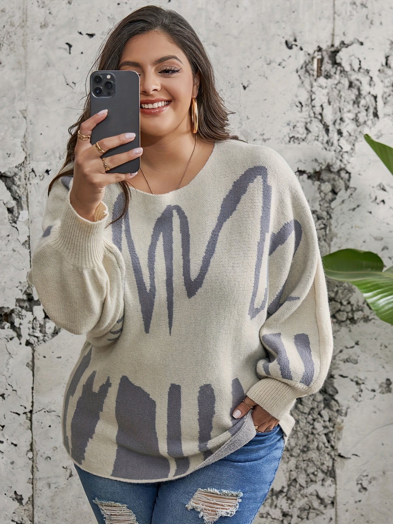 Graphic Print Off Shoulder Sweater Women's Plus Lantern Sleeve Knitwea