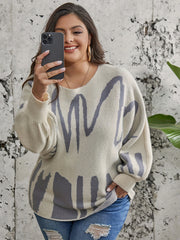 Graphic Print Off Shoulder Sweater Women's Plus Lantern Sleeve Knitwea