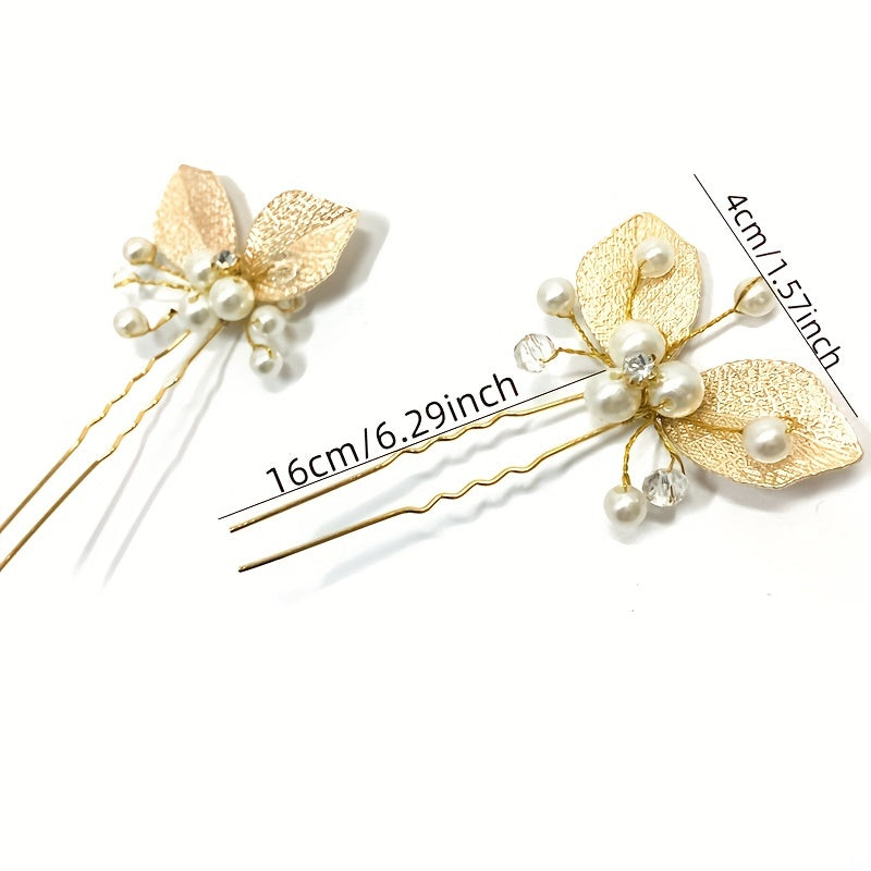 Silvery Leaf Shape Hairpin with Faux Pearl Crystal Inlay