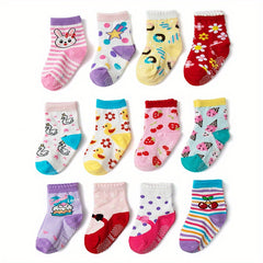 12 Pairs Girls Colorful Cartoon Socks Non-Slip Cotton Crew Socks