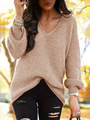 Drop Shoulder Solid Knit Sweater V Neck Lantern Sleeve