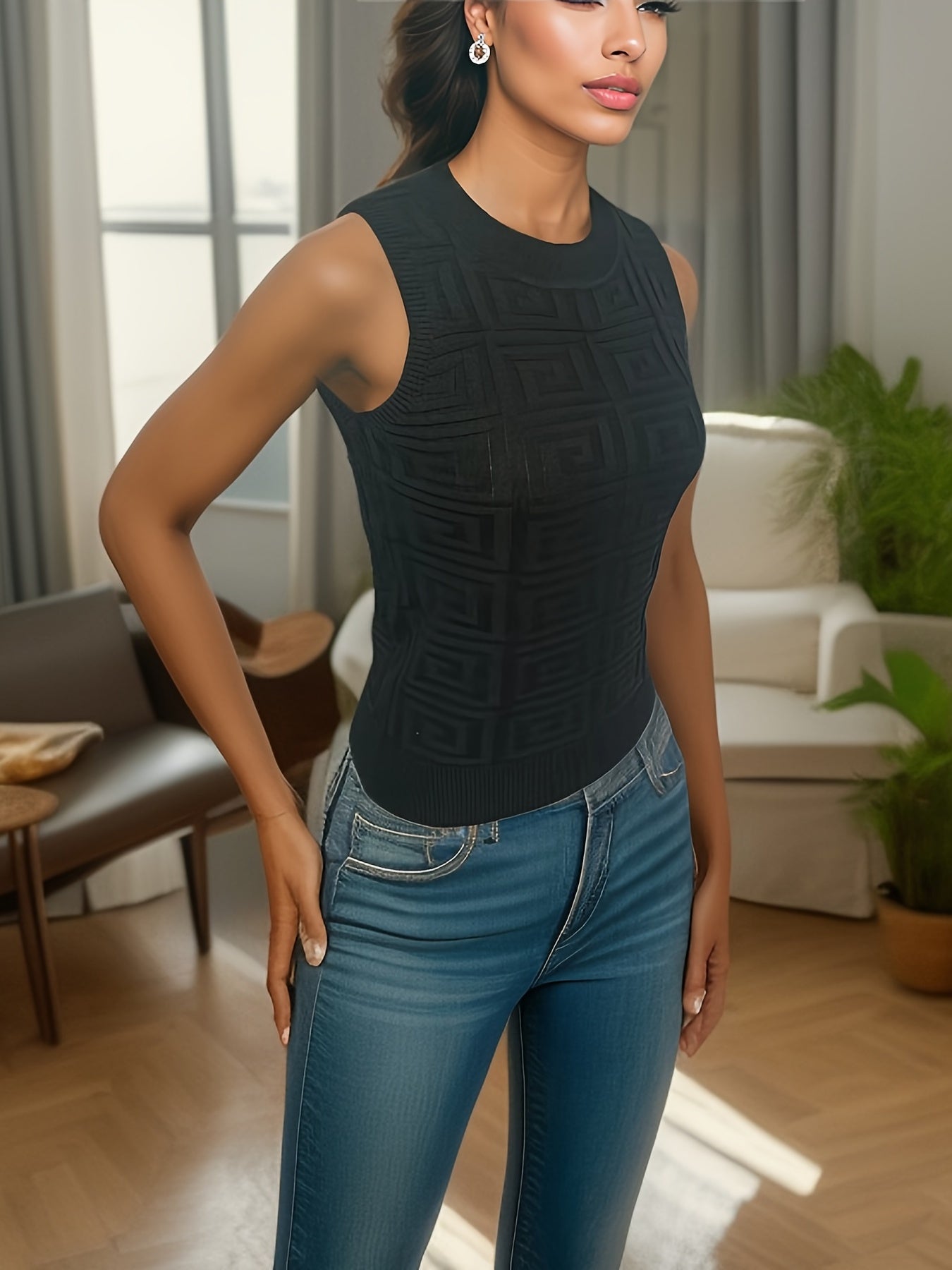 Geometric Pattern Knitted Crew Neck Tank Top Y2K Sleeveless Tank Top