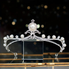 Faux Pearl Silvery Headband Rhinestone Crown Bridal Hair Accessory