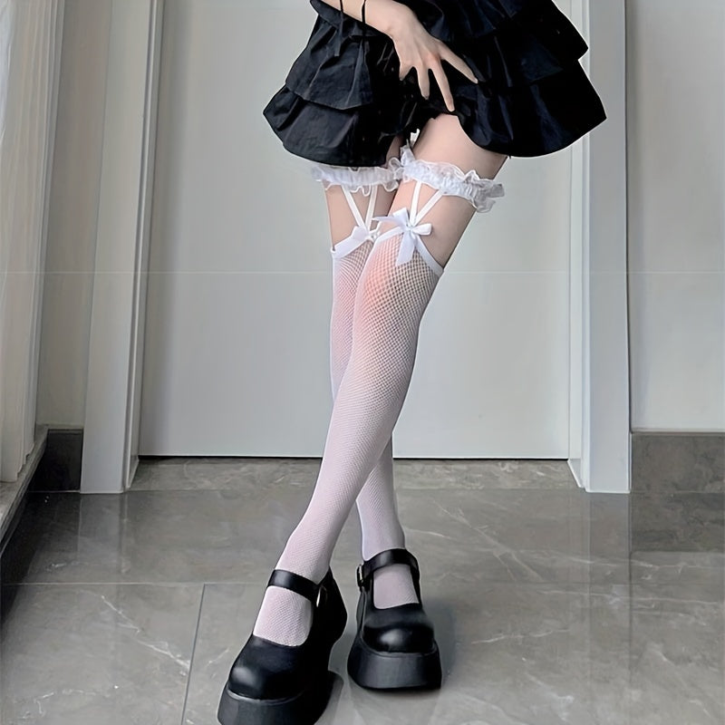 Girls Lace Bowknot Fishnet Stockings Breathable Sheer Socks