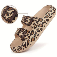 Leopard Print Slides Soft Sole Double Buckle Strap Bathroom Shoes