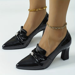 Women's Rhinestone Bowknot Slip On Point Toe Chunky Heel Shoes