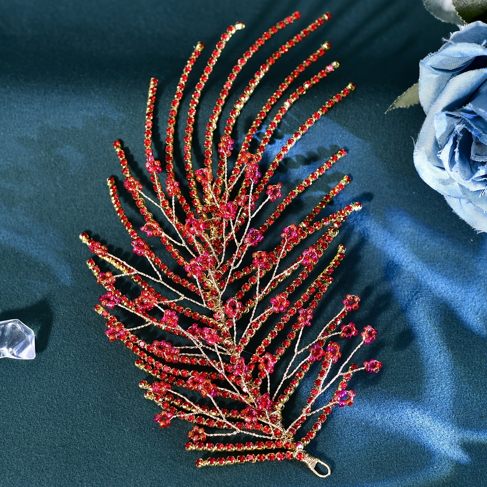 Vintage Red Feather Bridal Headpiece with Pearl Accents