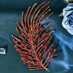Vintage Red Feather Bridal Headpiece with Pearl Accents