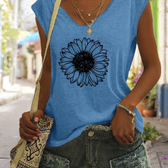 Sunflower Print V Neck Tank Top Women's Clothing