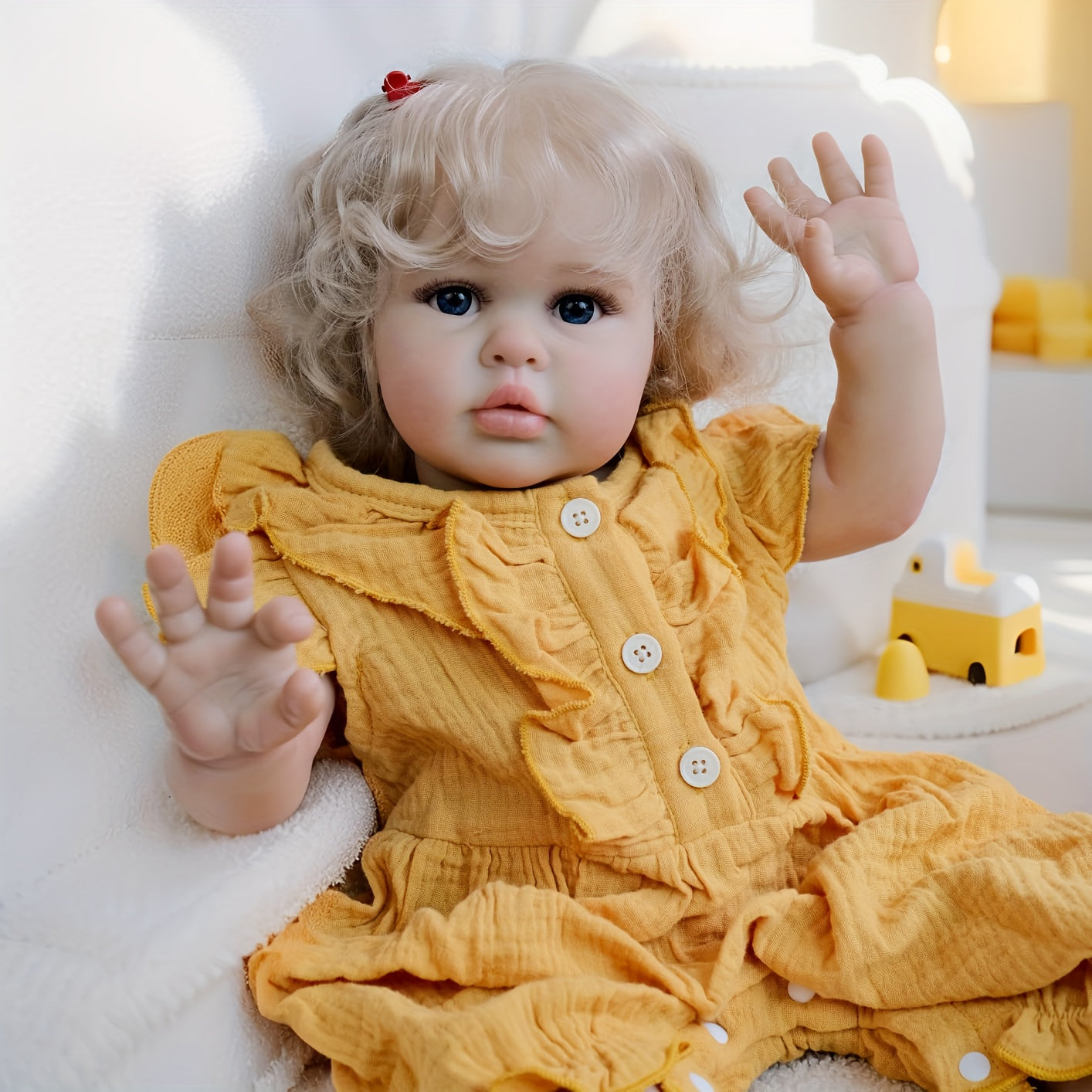 Realistic Reborn Doll Soft Touch Cuddly Girl with Curly Blonde Hair Yellow Dress