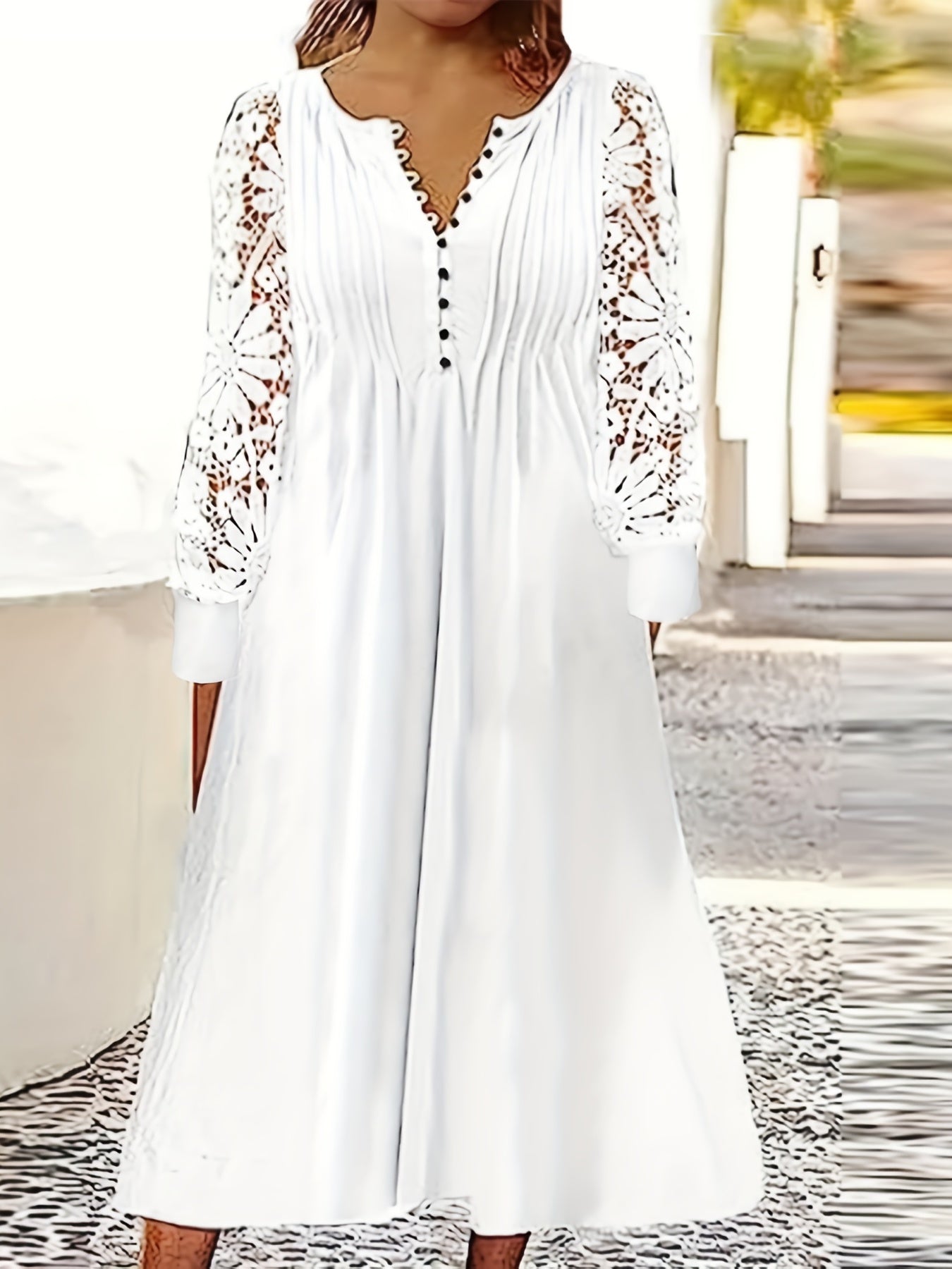 Contrast Lace Tucked Dress Casual Button Front Dress