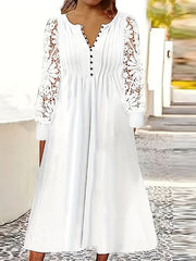 Contrast Lace Tucked Dress Casual Button Front Dress